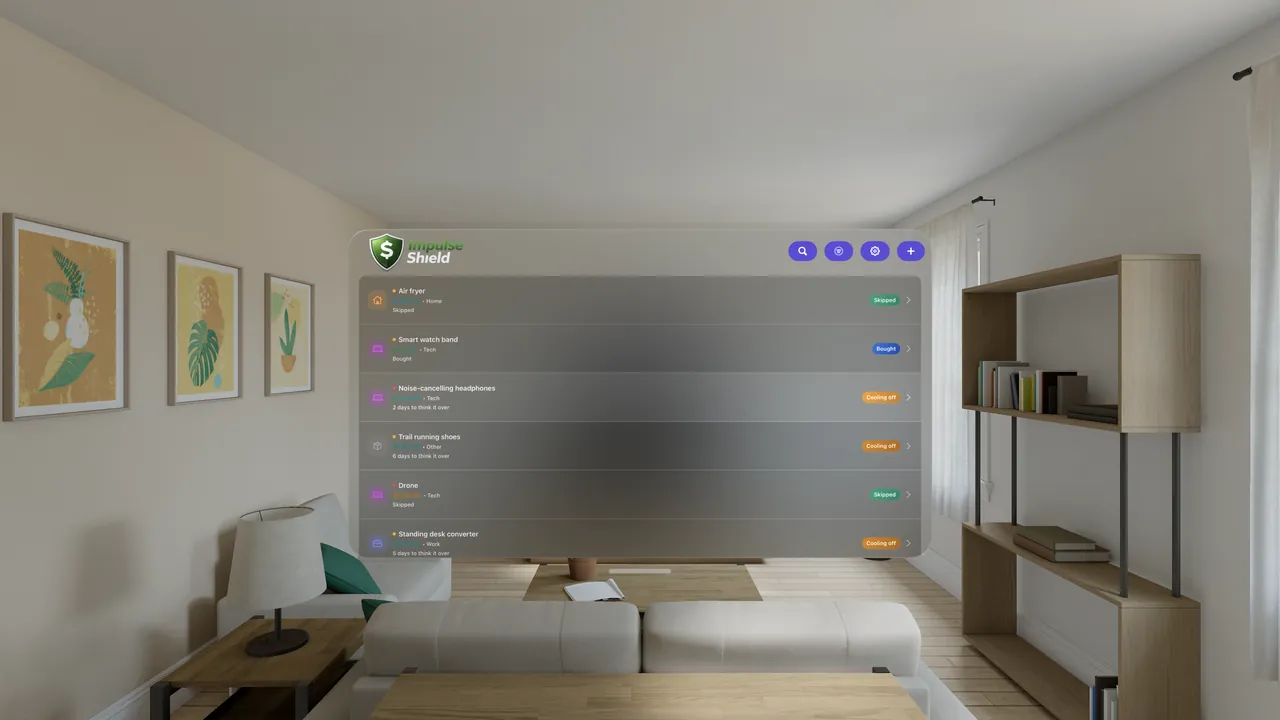 ImpulseShield on Apple Vision Pro, its cooling-off list floating as a window in a living room.